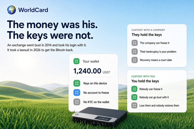 A WorldCard promotional graphic contrasting 'Custody with a company' (they hold the keys) versus 'Custody with you' (you hold the keys), showing a hardware wallet with a 1,240.00 USDT balance.