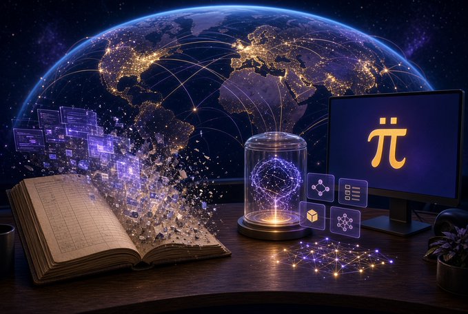 The image depicts a futuristic desk setup featuring an open tome with magical data emanating from its pages, a glowing crystal sphere displaying a geometric structure, and a monitor showing the golden Pi (π) symbol, all set against a backdrop of Earth illuminated by city lights and connected by network lines. Floating holographic app icons and a "000" symbol on the screen represent the newly launched Pi Desktop applications being discussed in the post.

This visual metaphor aligns with the post's theme by portraying Pi's new desktop apps as magical, transformative tools emerging from ancient knowledge (the book) into a globally connected digital future, suggesting these apps represent a significant evolution rather than a routine update.