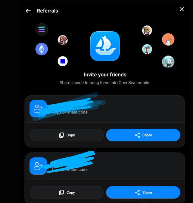 An OpenSea mobile app referrals screen inviting users to 'Invite your friends' and share codes, with the referral codes scribbled out in blue.