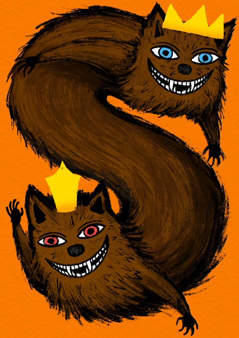 An illustration on an orange background features two brown, furry creatures with crowns and wide, toothy grins, arranged in an S-shape.
