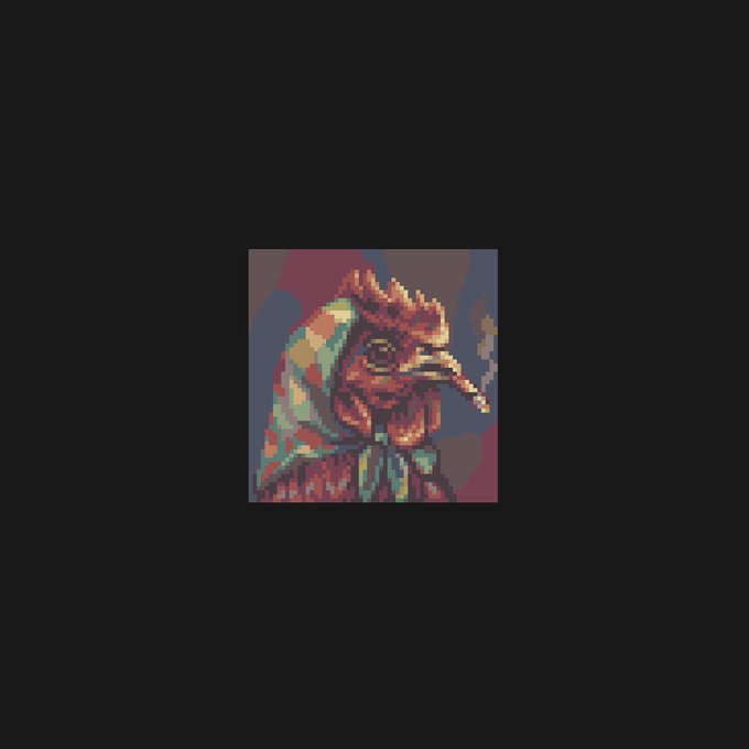A pixel art portrait of a rooster's head wearing a multicolored striped hood or scarf, set against a dark background.