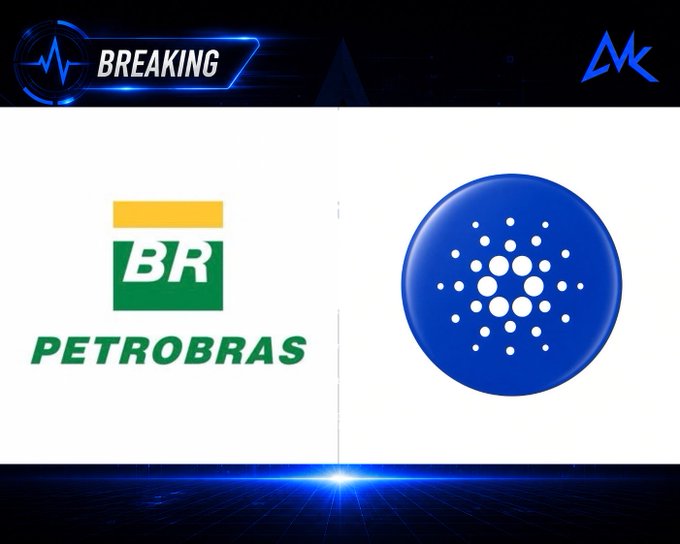 A breaking news graphic showing the Petrobras logo (BR) on the left and the Cardano (ADA) blue logo on the right.