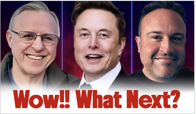 A YouTube-style thumbnail featuring three men including Elon Musk with the bold red caption 'Wow!! What Next?' displayed at the bottom.