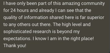 The image shows an email from someone named Tomorro, which reads: "I have only been part of this amazing community for 24 hours and already I can see that the quality of information shared here is far superior to any others out there. The high level and I am in the right place!".
