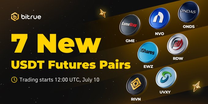 Bitrue announces the listing of 7 new USDT Futures Pairs—GME, NVO, ONDS, EWZ, RDW, RIVN, and UVXY—with up to 20x leverage, with trading starting at 12:00 UTC on July 10.