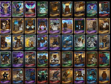 A collection of trading card NFTs featuring various cartoon characters, including bears and figures in suits, arranged in a grid pattern.