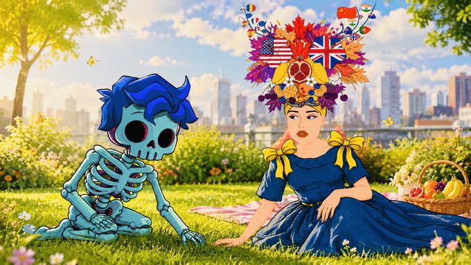 An anime-style illustration depicting a blue skeleton with hair sitting on the grass next to a woman wearing an elaborate headdress adorned with flags including the US and UK