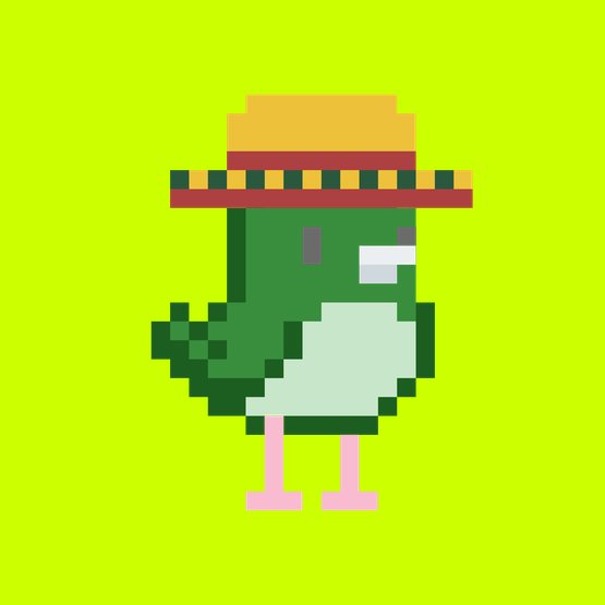 A pixel art depiction of a green bird wearing a sombrero stands against a bright green background, illustrating the "Birdhood" community member #963 likely referenced in the post.