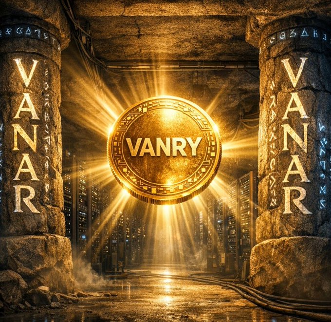 A glowing golden coin bearing the text 'VANRY' hovers between two large stone pillars, also inscribed with 'VANAR', emitting bright light rays over a flooded city street.