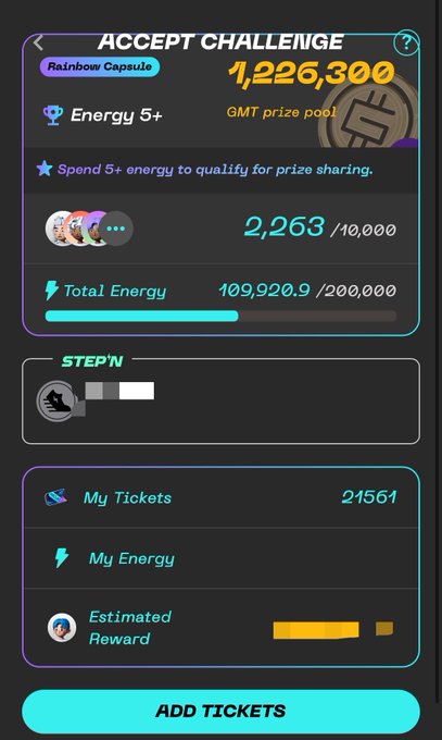 Screenshot of a gaming app challenge screen titled 'ACCEPT CHALLENGE' for a 'Rainbow Capsule' with a GMT prize pool of 1,226,300, showing 2,263/10,000 progress, total energy at 109,920.9/200,000, and an 'ADD TICKETS' button.