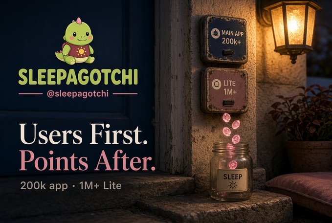 A promotional graphic for 'SLEEPAGOTCHI' (@sleepagotchi) featuring a green dinosaur character and text reading 'Users First. Points After.' with '200k app · 1M+ Lite'.