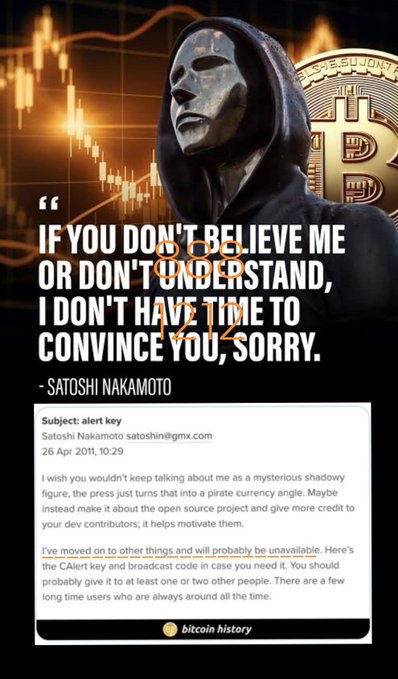 An infographic featuring a hooded, metallic-faced figure with Bitcoin imagery, quoting Satoshi Nakamoto: 'IF YOU DON'T BELIEVE ME OR DON'T UNDERSTAND, I DON'T HAVE TIME TO CONVINCE YOU, SORRY.' Below is an excerpt from an email dated 26 Apr 2011 asking the press to portray Bitcoin as an open-source project, not a mysterious figure.