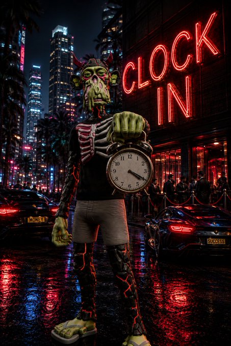 A surreal figure with a green demon mask and skeleton-patterned jacket holds a large analog clock in front of a neon 'CLOCK IN' sign, standing on a wet city street at night with luxury cars bearing plates labeled 'MONEY' and 'SUCCESS'.