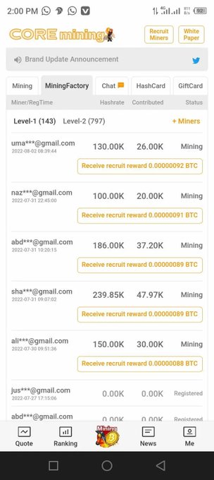 The image shows a CORE Mining app screen displaying a mining dashboard with users like "uma***@gmail.com" and "nas***@gmail.com" showing hash rates of 130.00K and 100.00K respectively, along with BTC recruit rewards of 0.00000092 and 0.00000091 BTC. This screenshot illustrates the post's nostalgic theme of checking mining sessions and discovering Bitcoin rewards waiting to be claimed.