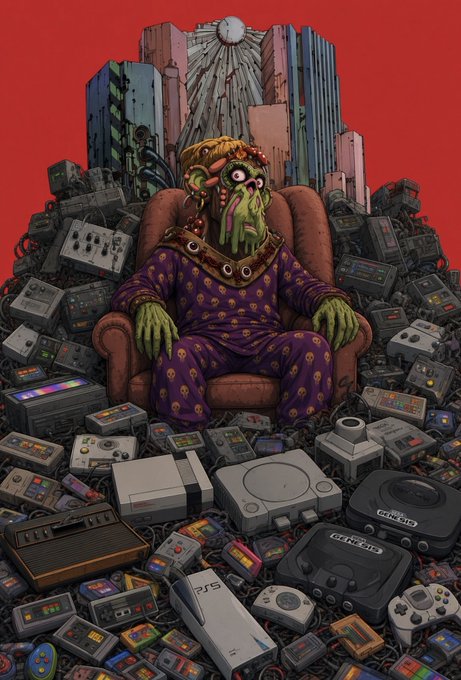 A stylized illustration depicts a green-skinned, drooling figure wearing a purple patterned robe, sitting on a throne surrounded by a massive pile of retro video game consoles including Sega Genesis, PS5, and GameCube.