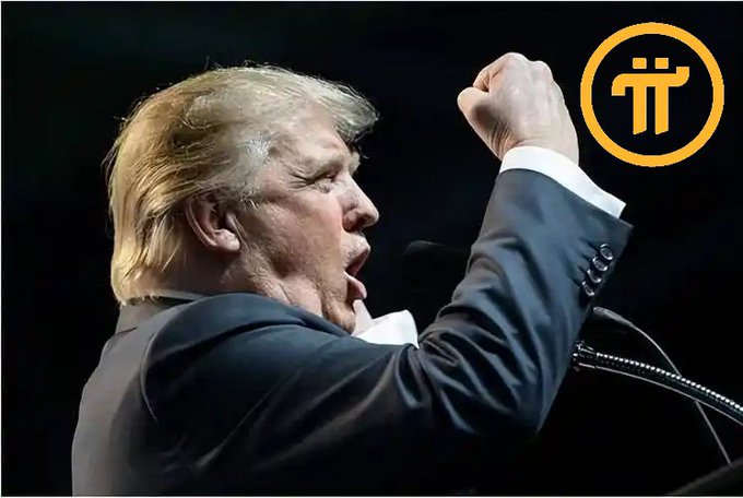 The image features Donald Trump raising a fist in a powerful gesture, with the Pi Network logo (a yellow circle containing the Greek letter π) superimposed, aligning with the post's message urging strength for PiNetwork's unfinished endeavors.