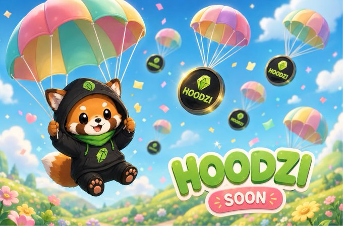A colorful cartoon illustration of a Shiba Inu mascot in a black hoodie parachuting with 'HOODZI' coins, labeled 'HOODZI SOON'.