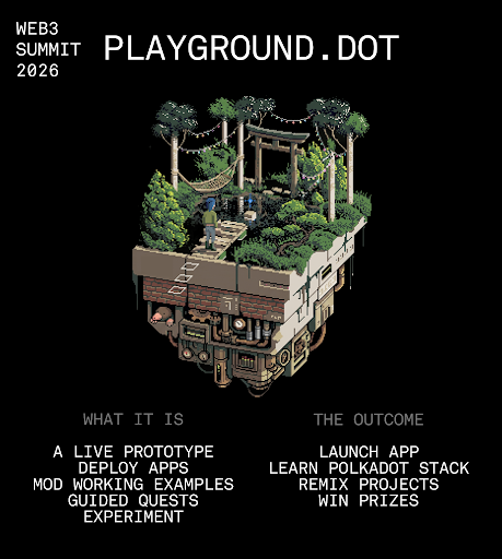 The image shows an advertisement for a playground app called "Playground.dot" that was developed by Web3 Foundation. The app has been deployed with various apps such as "Learn Polka Dot Stack", "Reinvent the Stack", and "Win prizes". The app also provides examples of how to use it, including a live prototype, deployment apps, and mods for working on projects.