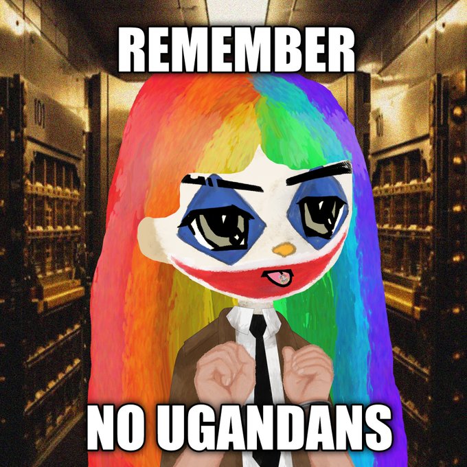 A meme featuring a character with rainbow-colored hair and Joker-style face paint against a server room background, with text reading 'REMEMBER NO UGANDANS'.
