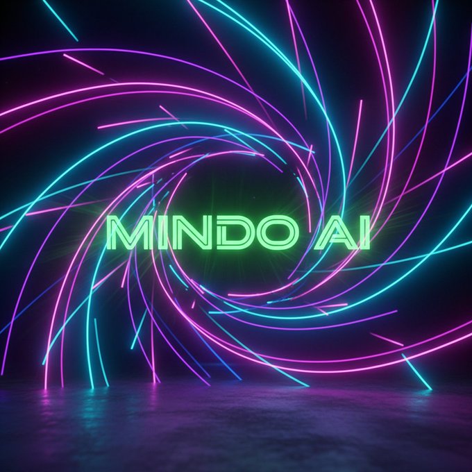 A digital logo for "MINDO AI" displayed in bright neon green text against a swirling background of pink, purple, and cyan light streaks.