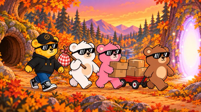 A colorful illustration of four cartoon bears wearing sunglasses walking through an autumn forest, with one pulling a wagon of boxes toward a glowing portal.