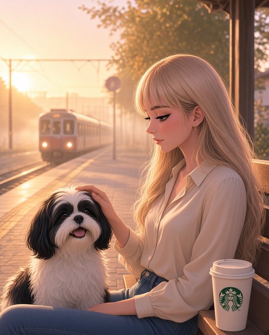 An anime-style illustration depicts a blonde woman in a white blouse sitting at a train station, gently petting a fluffy black and white Shih Tzu dog while a train approaches in the golden sunset background, with a Starbucks coffee cup on the bench beside her.