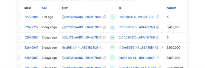 A blockchain transaction history table showing recent transfers with columns for Block, Age, From, To, and Amount, with transactions ranging from a few days to an hour ago involving various wallet addresses.