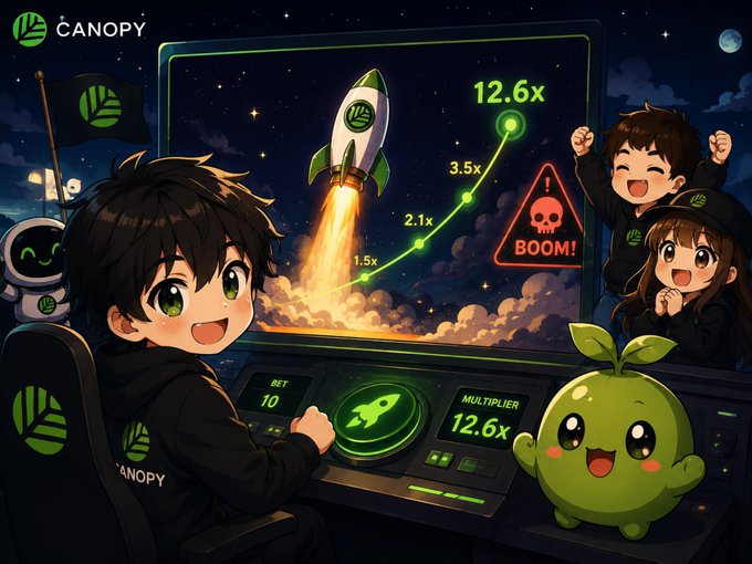 Canopy-branded cartoon illustration of children playing a rocket-launch gambling game, showing a multiplier reaching 12.6x, with a 'BOOM!' warning sign and a cute green sprout mascot.