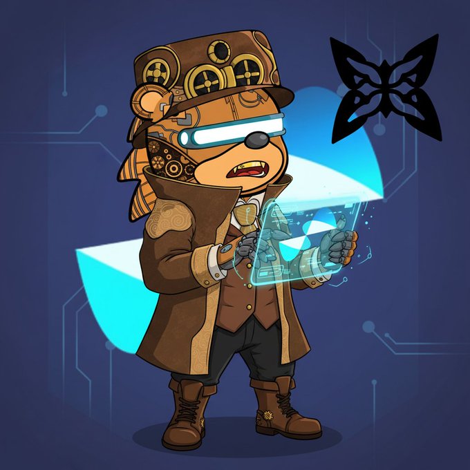 A digital illustration of a steampunk-style bear character wearing a top hat and goggles, holding a glowing holographic interface next to a black butterfly logo.