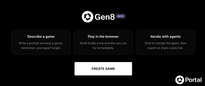 The image displays the Gen8 beta landing page by Portal, featuring three steps—Describe a game, Play in the browser, and Iterate with agents—above a "CREATE GAME" button. It teases the upcoming beta launch of Gen8, an AI-powered game creation tool that lets users generate playable games directly in their browser.