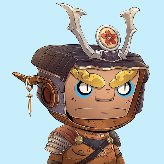 The image shows a cartoon-style illustration of a samurai character with a black helmet featuring crescent-shaped horns and a red flower crest, piercing yellow eyes, and a small sword charm hanging from the side of their headgear. This appears to be a stylized NFT or crypto-art character named "Blokyz," as referenced in the accompanying post, with the samurai's intense gaze and warrior aesthetic likely representing a collection or character series within the Blokyz brand.