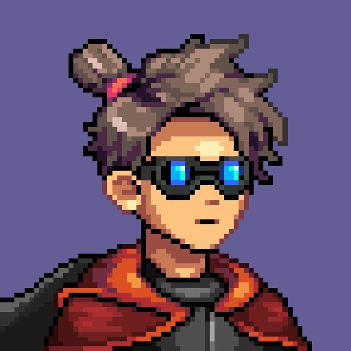 A pixel art portrait of a person with dark skin, textured hair, and glowing blue sunglasses, wearing a red and black jacket. The character is set against a solid purple background.