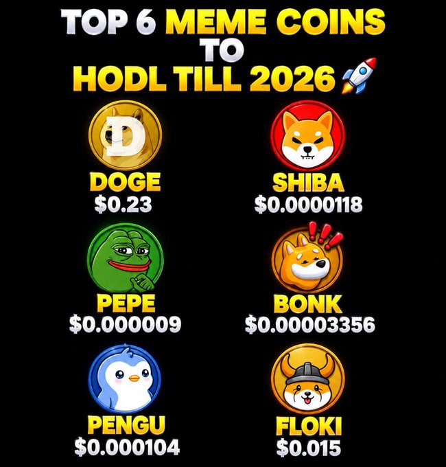 An infographic titled "TOP 6 MEME COINS TO HODL TILL 2026" displays Dogecoin ($0.23), Shiba ($0.0000118), Pepe ($0.000009), Bonk ($0.00003356), Pengu ($0.000104), and Floki ($0.015) with their respective logos.