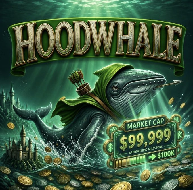 A fantasy-themed graphic titled 'HOODWHALE' depicts a whale in a green Robin Hood-style hood with arrows on its back, surrounded by coins, with a market cap display reading '$99,999 APPROACHING MILESTONE $100K'.