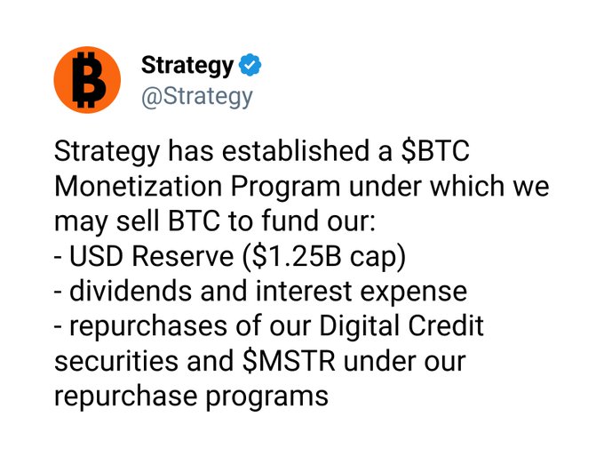 A tweet from Strategy (@Strategy) announcing a $BTC Monetization Program for selling BTC to fund a USD Reserve ($1.25B cap), dividends, interest expense, and repurchases of Digital Credit securities and $MSTR.