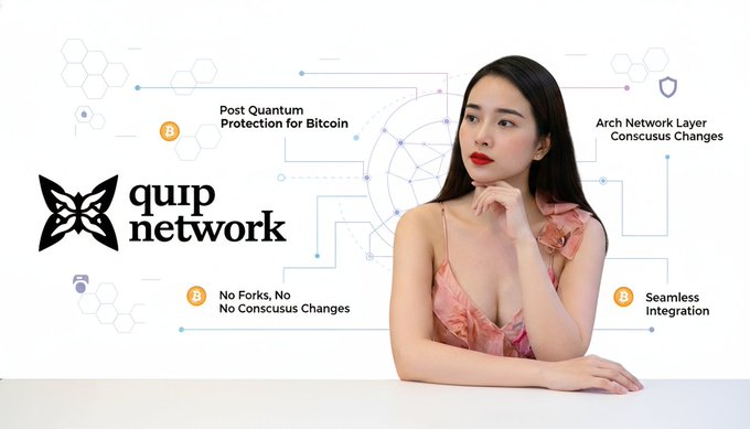 The image features an attractive woman with long dark hair, dressed in a pink dress, who appears to be pondering something or simply looking up at the camera. The background behind her is white, which contrasts nicely with her outfit. On this white background, there are several lines and arrows pointing towards different parts of the image, possibly representing various aspects related to the post about Quantum Networking.