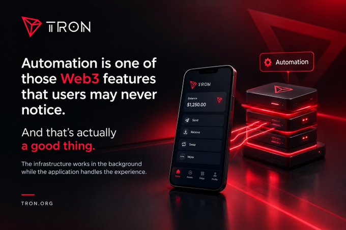A TRON (TRON.org) advertisement promoting automation as a Web3 feature, showing a smartphone interface displaying a $1,250.00 balance next to illuminated hardware devices.