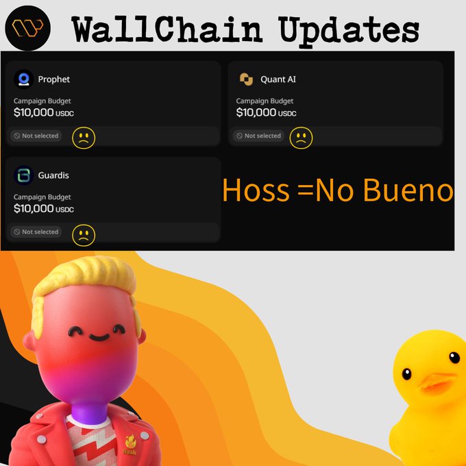 The image features a cartoon duck with a red jacket and yellow hat standing next to a cartoon man wearing a red jacket and white pants. The background of the image has orange lines, which are used as a backdrop for the text "Wallchain Updates". Below this, there is a list of campaign budgets in US dollars that include $10,000, $20,000, and $30,000. Additionally, there is a list of campaigns that have been selected to participate in the Wallchain Update, along with their respective budgets. The image also includes a sad face and a happy face, which are used as icons for the campaign budgets.