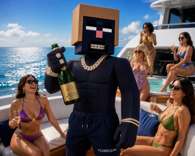 A character with a Minecraft block head and a muscular black body, wearing gold chains, holding a bottle of Armand de Brignac champagne on a yacht surrounded by women in bikinis.