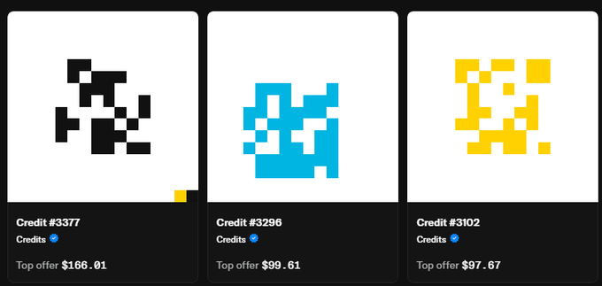 An NFT marketplace listing showing three pixel-art Credits items (Credit #3377, #3296, and #3102) with top offers of $166.01, $99.61, and $97.67 respectively.