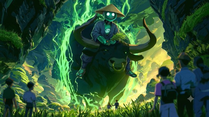 A digital illustration shows a figure in a conical hat riding a large horned bull surrounded by glowing green energy, with onlookers watching from below.