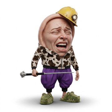 A humorous digitally manipulated image of a crying baby face superimposed on a small body wearing a cow-print shirt, purple pants, green shoes, and a yellow hard hat, holding a small hammer.