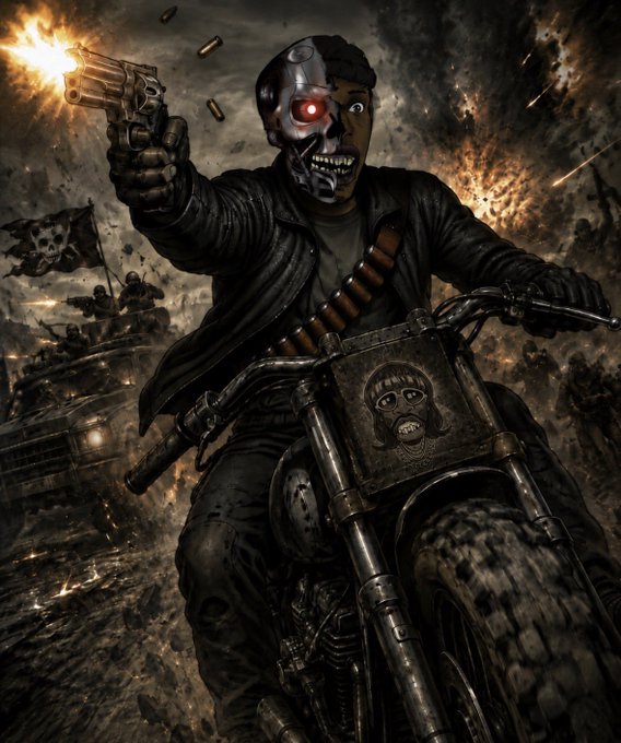 A gritty, half-cyborg biker with a glowing red eye fires a revolver amid explosions and war, wearing leather and riding a skull-decorated motorcycle, embodying the bold, fact-driven intensity of the "most loyal gang" pledge on X.