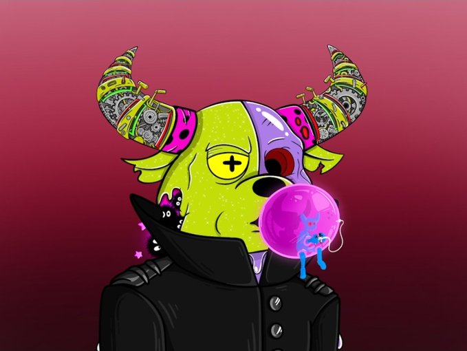 A digital illustration of a yellow and purple cartoon creature with mechanical, gear-filled horns blowing a pink bubble, wearing a black jacket against a pink background.