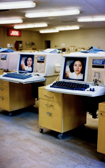 The image features two computer monitors sitting side by side on a desk. The monitors display the same person's face, creating an interesting visual effect that draws attention to the connection between the digital and physical worlds. The background of the image shows a room with yellow walls, suggesting it could be a workspace or office environment. The post appears to be related to the Web Nostalgia platform, which is launching on Kickstarter in August.