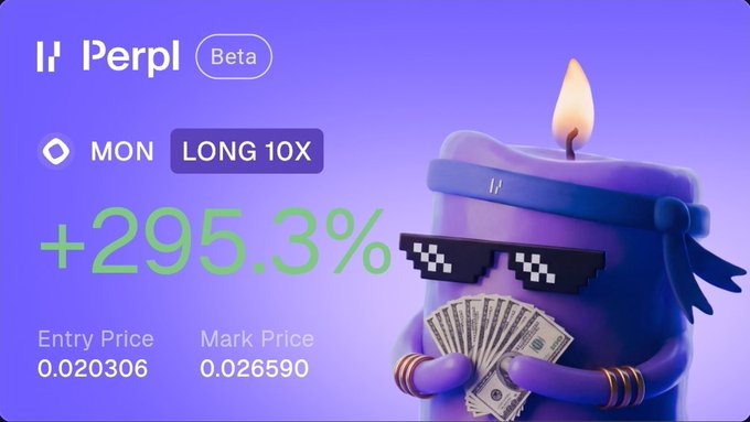 A promotional graphic for 'Perpl' (Beta) displays a MON LONG 10X position with a +295.3% gain, showing an entry price of 0.020306 and mark price of 0.026590, featuring a purple mascot character wearing pixel sunglasses and holding cash.