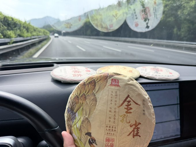 Several pressed tea cakes (Puer tea) with Chinese characters "金孔雀" (Golden Peacock) rest on a car dashboard while driving on a highway, with one being held in hand.