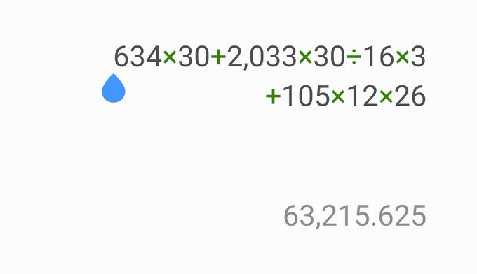 The image displays a mathematical calculation: 634×30+2,033×30÷16×3 +105×12×26 = 63,215.625, with a blue water droplet icon representing the #STEPN app's step-tracking feature. This formula appears to calculate the projected monthly GMT earnings for a "P-country" player based on their sneaker boxes and pGST daily output, despite the poster's real-world losses from a recent Bonanza drop.