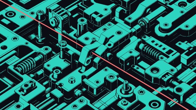 A stylized, isometric 3D illustration of mechanical components, bolts, and panels rendered in black and cyan, with a red laser line cutting diagonally across the scene.