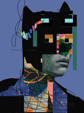 A digital art piece features a black bat mask with colorful geometric shapes, including circles and lines, against a blue background.